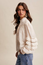 Load image into Gallery viewer, Cream Lace Ruffle Sleeve Pintuck Blouse