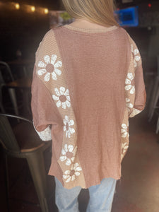 Waffle Knit Lace Flower Pullover Top (S-3XL)