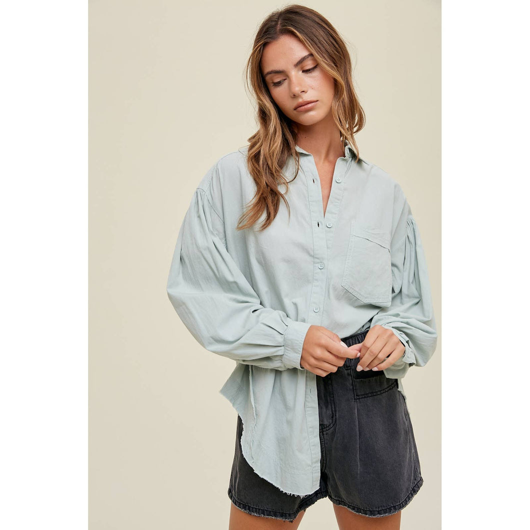 Cotton Balloon Sleeve Button Down in Sage