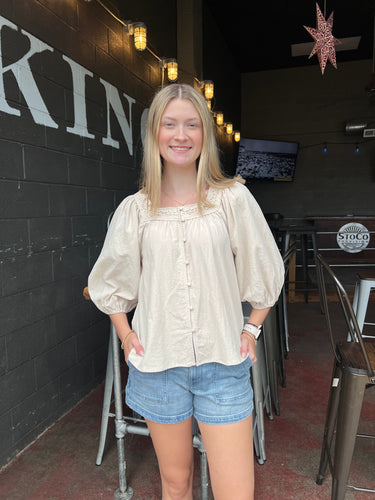 Beige Button Down Lace Trim Blouse (S-3XL)