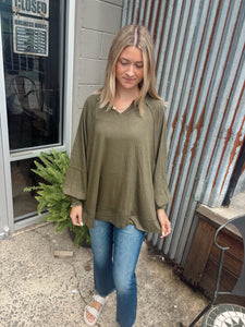 Flowy Basic Split Neck Oversized Top (S-3XL) | Olive