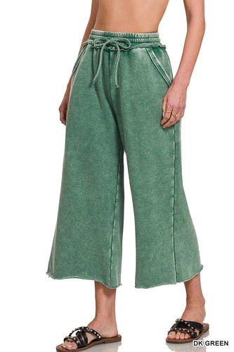 Acid Wash Fleece Wide Leg Sweatpants in Dark Green (S-3XL)