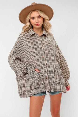 BUTTON DOWN PLAID SMOCKED POCKET SHIRTS: (S-3XL)