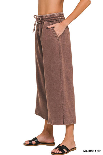 Acid Wash Fleece Wide Leg Sweatpants in Mahogany (S-3XL)