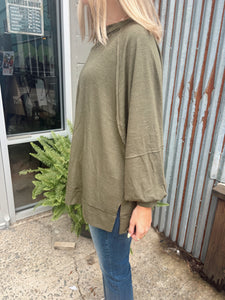 Flowy Basic Split Neck Oversized Top (S-3XL) | Olive