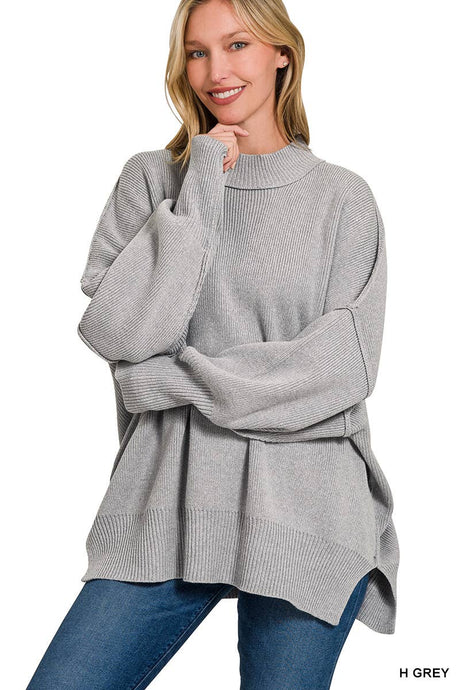 Mock Neck Oversized Sweater in Heathered Gray