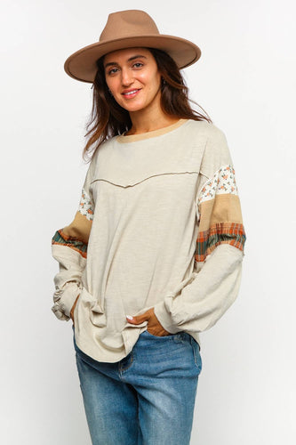 FLORAL CHECK COLOR BLOCK LONG SLEEVE KNIT TOP (S-3XL)