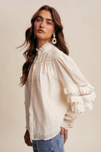 Load image into Gallery viewer, Cream Lace Ruffle Sleeve Pintuck Blouse
