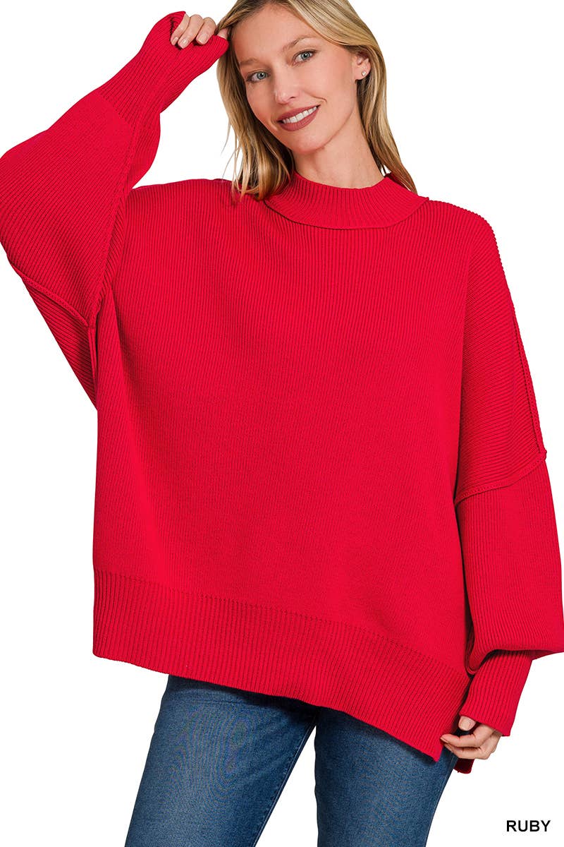 Mock Neck Oversized Sweater in Ruby