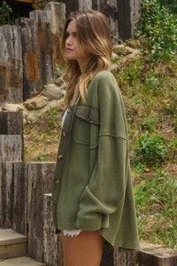 Acid Washed Waffle Knit Shacket in Olive (S-3XL)