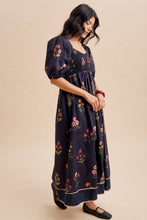Load image into Gallery viewer, SMOCKED FLORAL PRINT MAXI DRESS: BLACK FLORAL