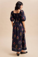 Load image into Gallery viewer, SMOCKED FLORAL PRINT MAXI DRESS: BLACK FLORAL