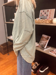 Sage Mineral Washed Contrast Knit Pullover (S-3XL)