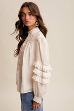 Load image into Gallery viewer, Cream Lace Ruffle Sleeve Pintuck Blouse