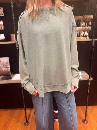 Sage Mineral Washed Contrast Knit Pullover (S-3XL)