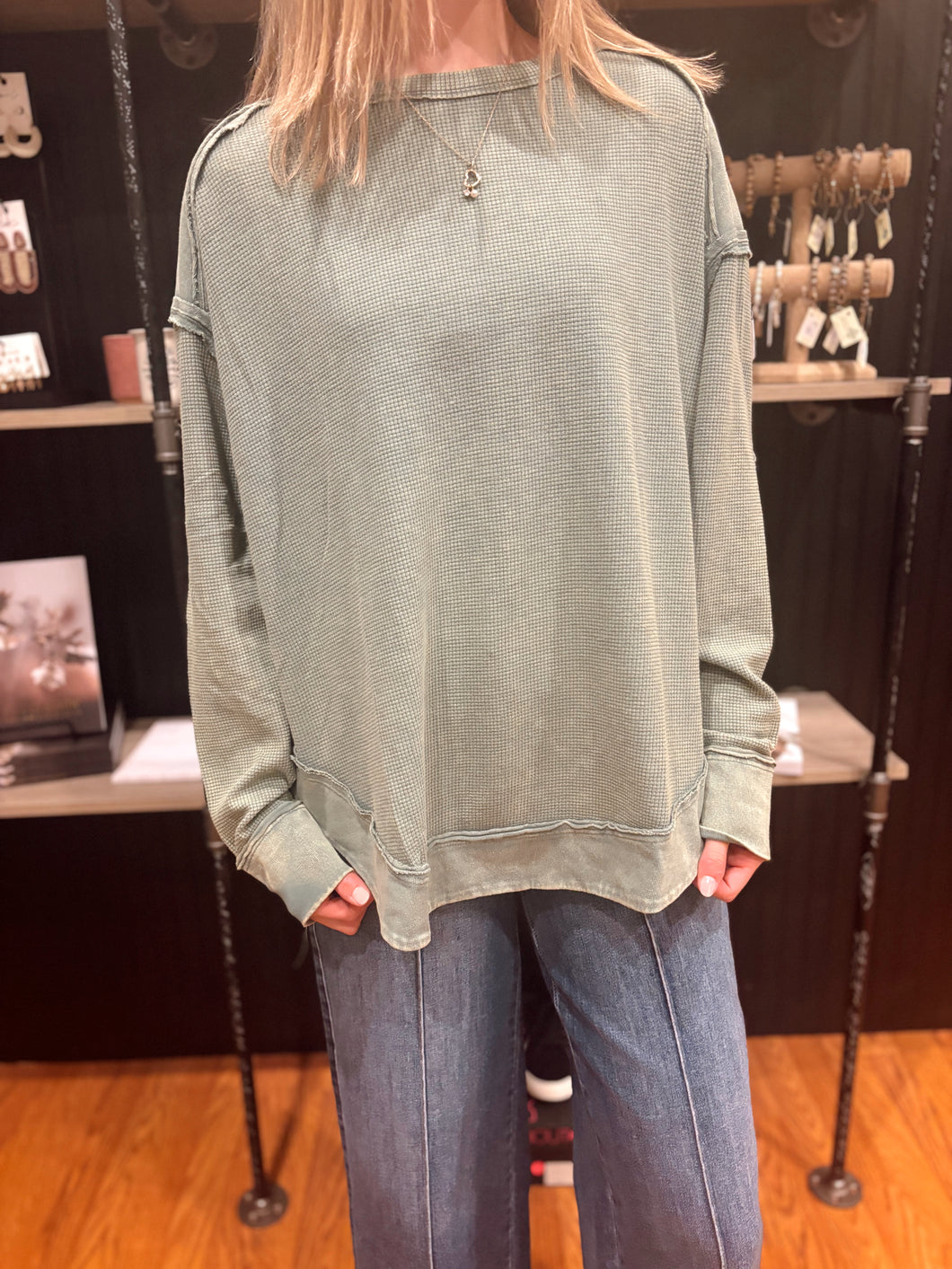 Sage Mineral Washed Contrast Knit Pullover (S-3XL)