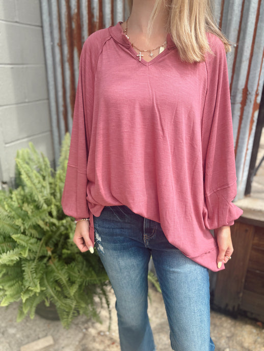 Flowy Basic Split Neck Oversized Top (S-3XL) | Autumn Rose