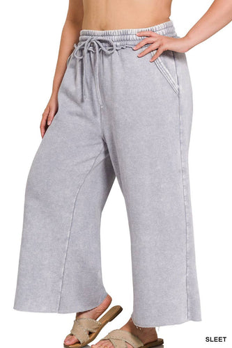 Acid Wash Wide Leg Sweatpants With Pockets in Sleet (1X-3X)