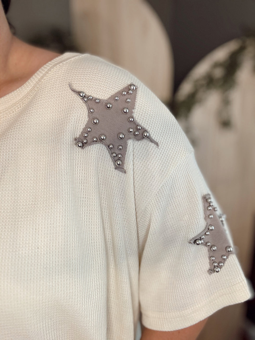 Embellished Oversized Star Top in Oatmeal & Taupe  (Fits S-3XL)