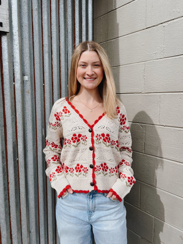 Floral Detail Knit Sweater Cardigan in Oatmeal