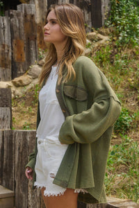 Acid Washed Waffle Knit Shacket in Olive (S-3XL)