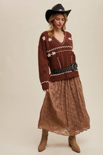 Load image into Gallery viewer, Floral Embroidered Knit Sweater in Barnwood Red
