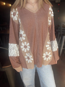 Waffle Knit Lace Flower Pullover Top (S-3XL)