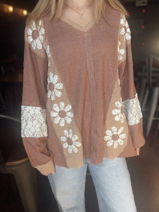 Waffle Knit Lace Flower Pullover Top (S-3XL)