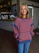 Load image into Gallery viewer, Ashton Pullover in Coral/Navy Stripes (S-3XL)