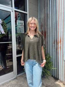 Norah V-neck Short Sleeve Sweater Top in Dark Olive