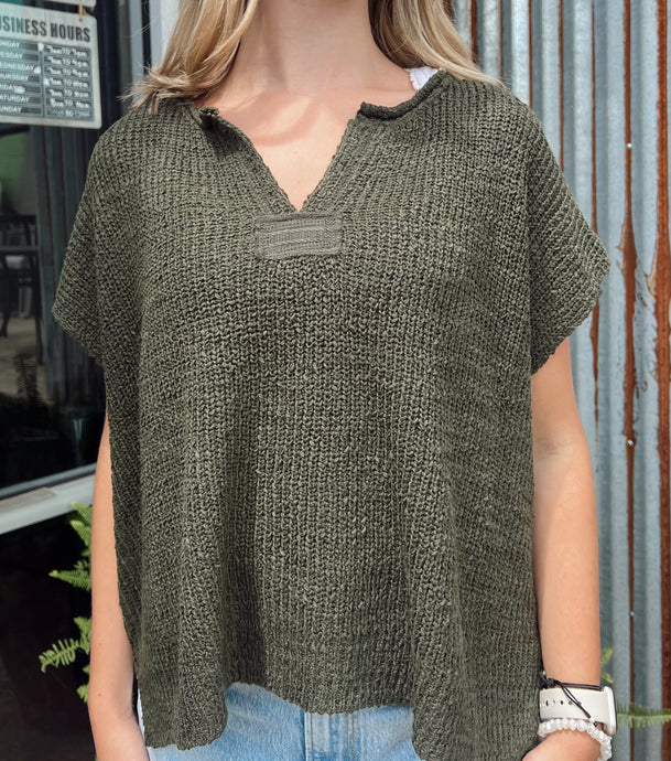 Norah V-neck Short Sleeve Sweater Top in Dark Olive