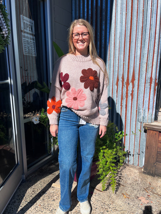 Floral Embroidered Mock Neck Sweater