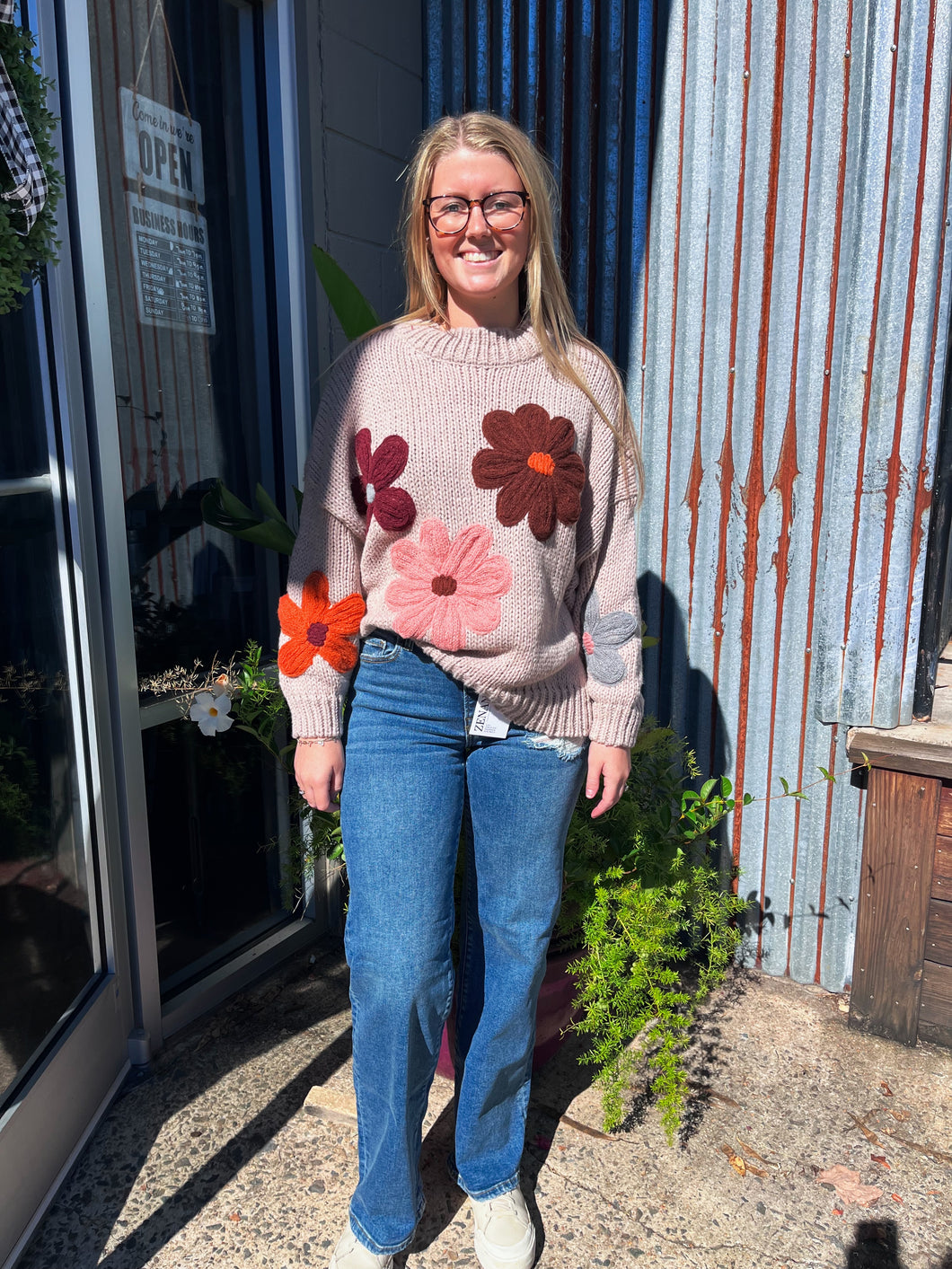 Floral Embroidered Mock Neck Sweater
