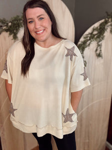 Embellished Oversized Star Top in Oatmeal & Taupe  (Fits S-3XL)