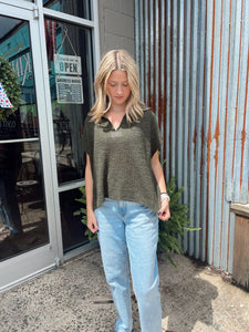 Norah V-neck Short Sleeve Sweater Top in Dark Olive