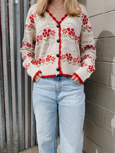 Floral Detail Knit Sweater Cardigan in Oatmeal