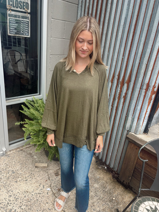 Flowy Basic Split Neck Oversized Top (S-3XL) | Olive
