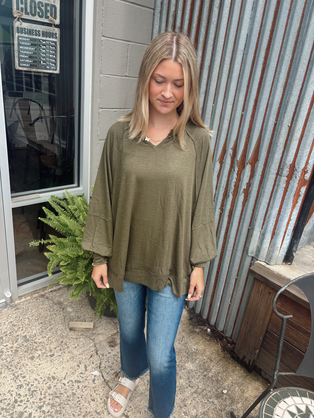 Flowy Basic Split Neck Oversized Top (S-3XL) | Olive