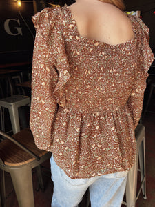 Womens Mixed Botanical Print Ruffle Detail Peplum Top (S-3XL)