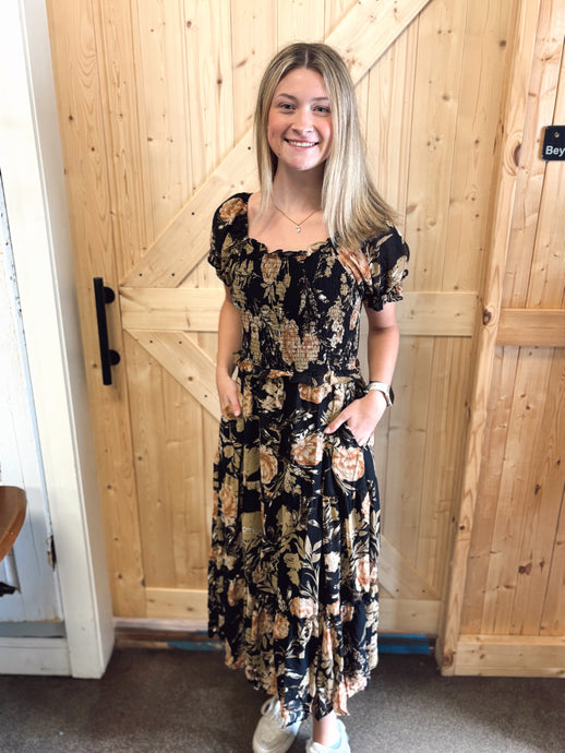 Antique Floral Smocked Puff Sleeve Dress (S-3XL)