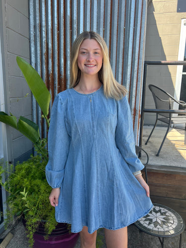 Mineral Washed Denim Seam Detail Mini Dress