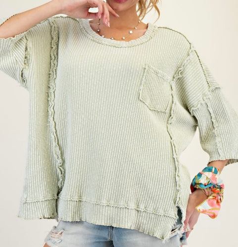 Exposed Seam Sage Heart Ribbed Top
