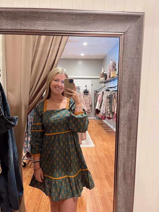 Printed Ruffle Detail Dress in Deep Teal