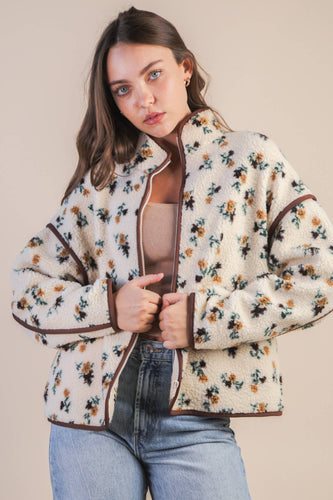 Oversized Floral Printed Casual Fleece Jacket in Cream Floral (S-3XL)