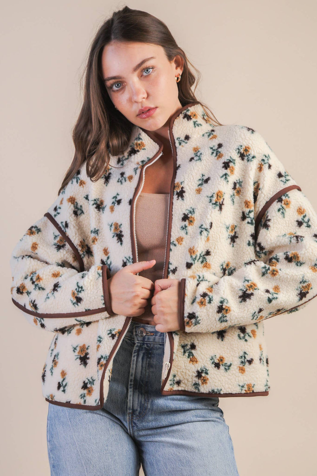 Oversized Floral Printed Casual Fleece Jacket in Cream Floral (S-3XL)