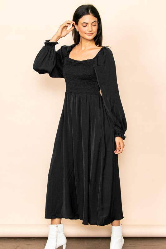 Black Long Sleeve Flowy Satin Maxi Dress