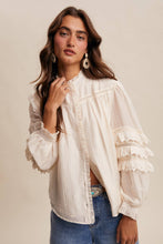 Load image into Gallery viewer, Cream Lace Ruffle Sleeve Pintuck Blouse