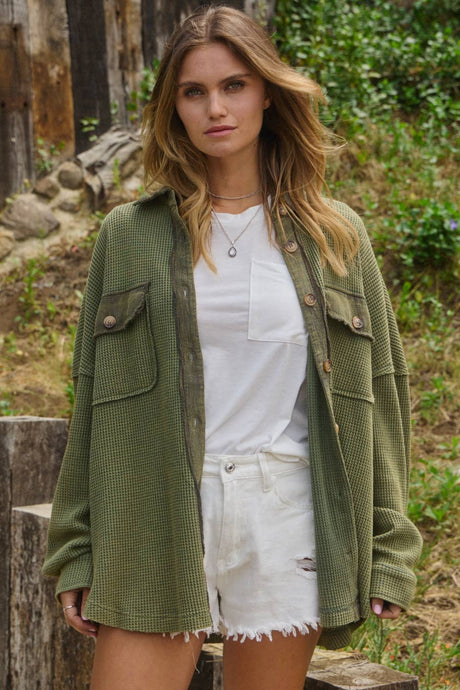 Acid Washed Waffle Knit Shacket in Olive (S-3XL)