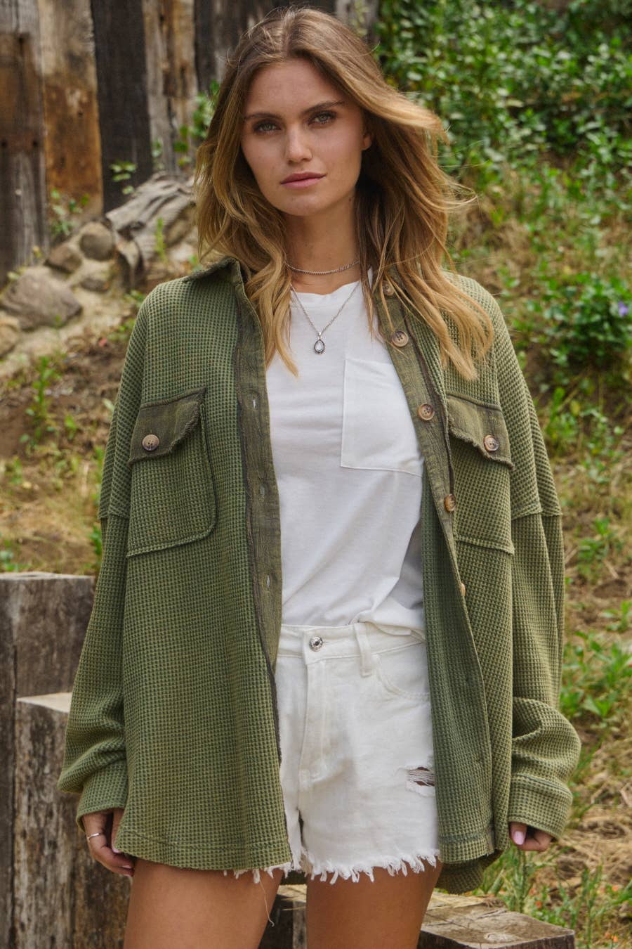 Acid Washed Waffle Knit Shacket in Olive (S-3XL)