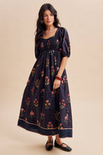 Load image into Gallery viewer, SMOCKED FLORAL PRINT MAXI DRESS: BLACK FLORAL